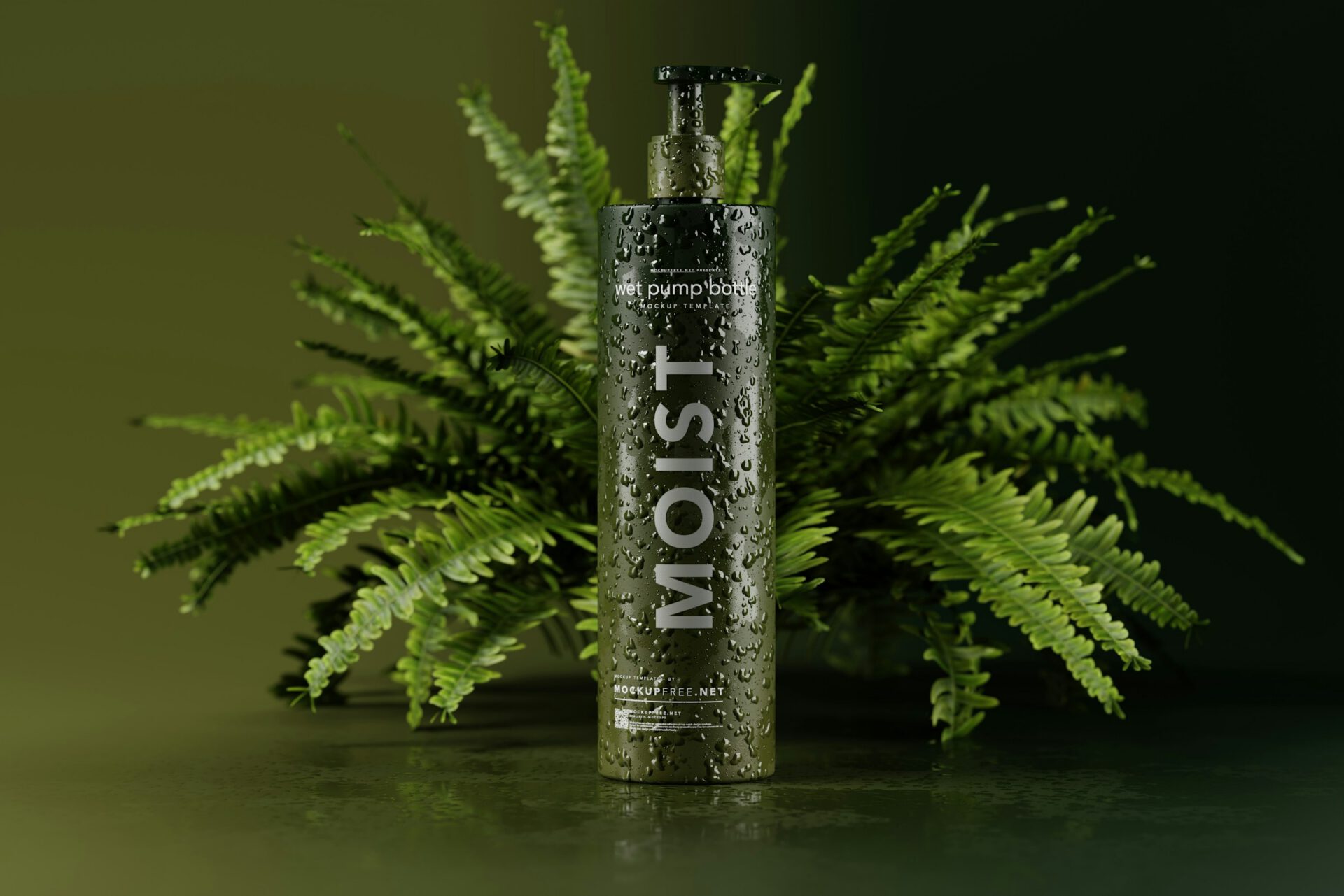 A dark bottle with a fern behind it, displayed against a dark gradient background